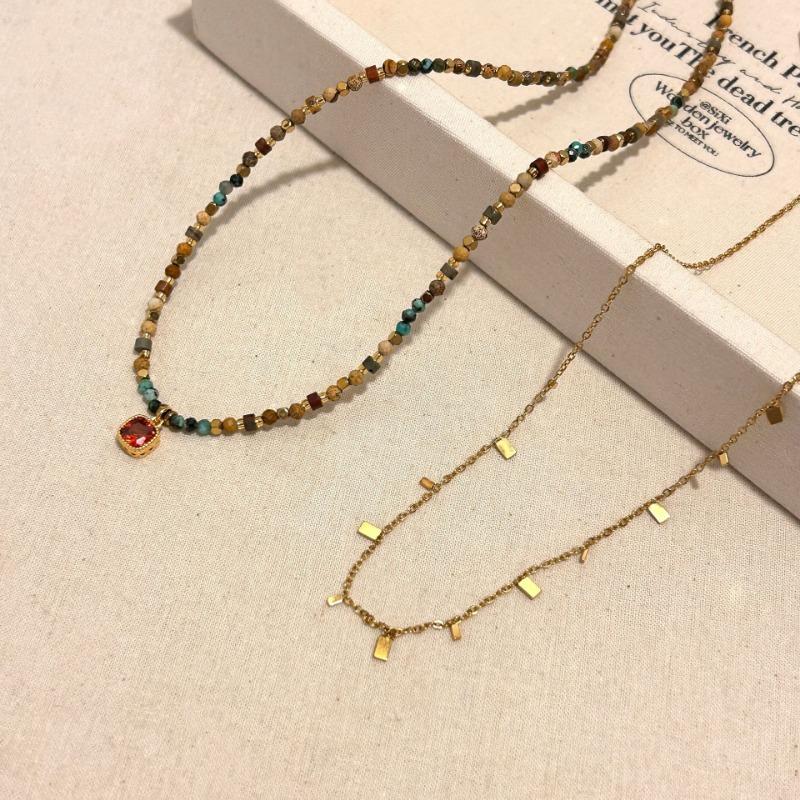Women Vintage Multicolor Natural Stone Beaded Layered Clavicle Pendant Necklace