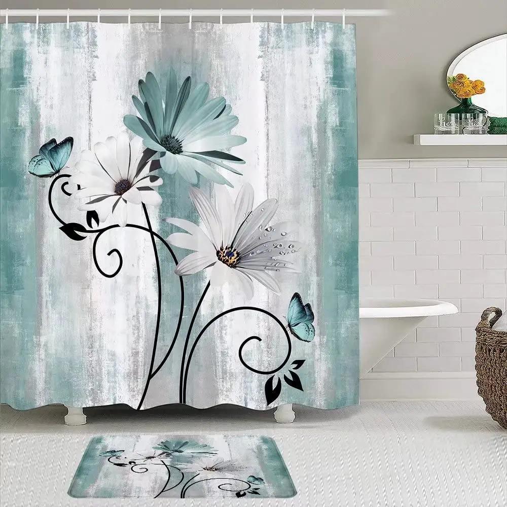 Rustic Shower Curtain Grey Floral Fabric Bath Curtains Butterfly Daisy American Country Farm Style Bathroom Decor With 12 Hooks