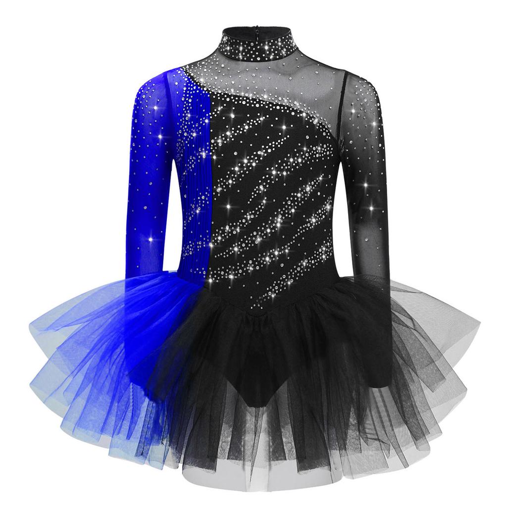 Girls Figure Skating Dress Long Sleeve Sparkling Rhinestones Color Block Patchwork Stage Performance Costume