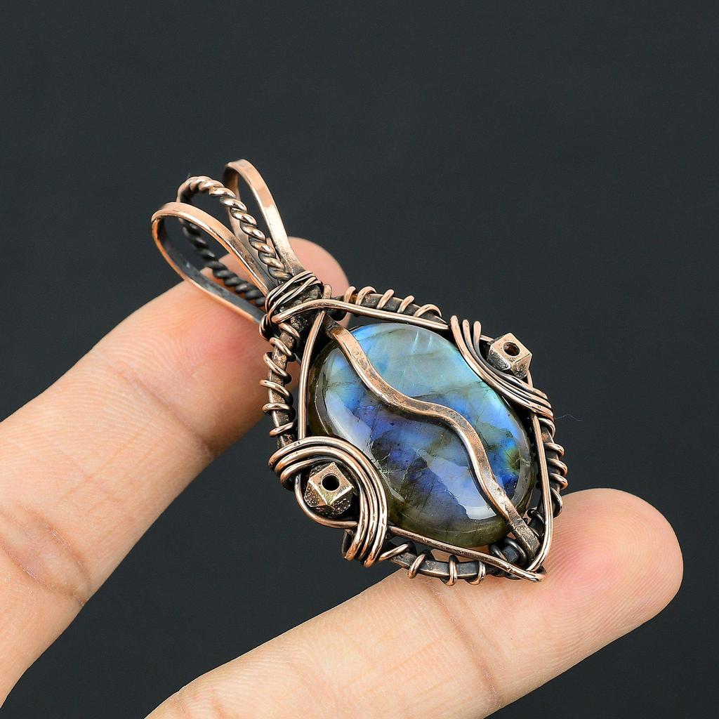 Labradorite Pendant, Handmade Gemstone 999 Copper Wire Wrapped Pendant Antique Jewelry, For Gift Silver Jewelry
