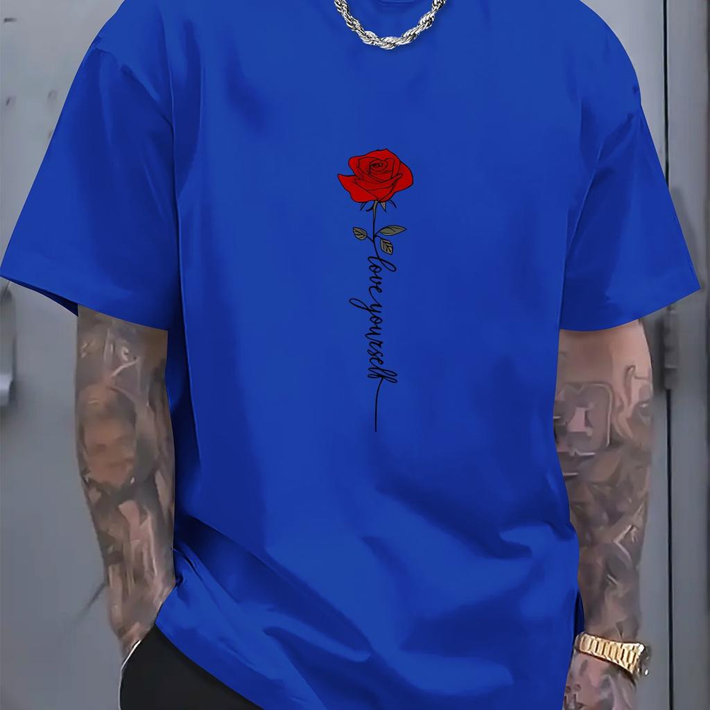 Men's T-shirt Summer Fashionable Casual Sports Loose Red Rose Pattern Printed Round Neck Short Sleeved Top