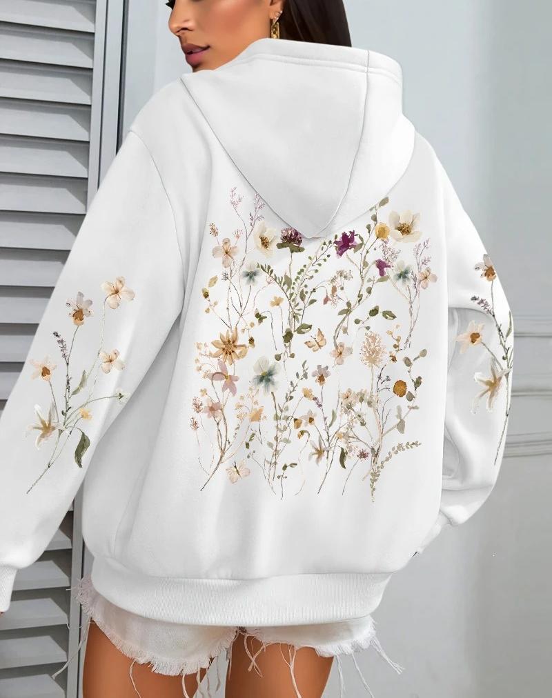 Damen Kapuzenpullover mit Blumen-Cluster-Print - Herbst Locker Lässig Fleece Pullover mit Taschen