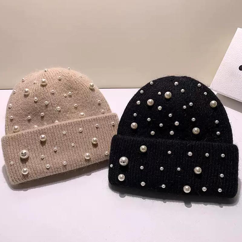 New Autumn And Winter Heavy-Duty Pearl Wool Hat Pearl Fashion Knitted Hat Warm Ear Protection