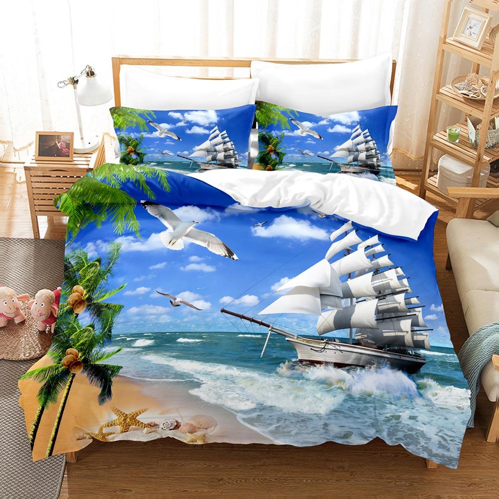 Sailboat Print Duvet Cover and Pillowcase, 2/3Pcs Nautical Bedding Set for Bedroom Decor, Perfect Housewarming Gift