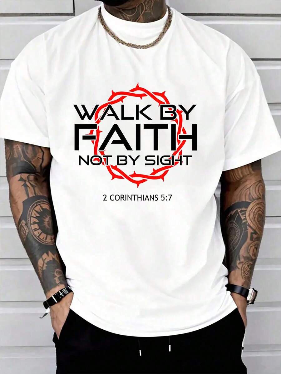 100% Cotton Jesus Walk By Faith Christian T-Shirt Round Neck Short Sleeve T-Shirt Women s Men s S