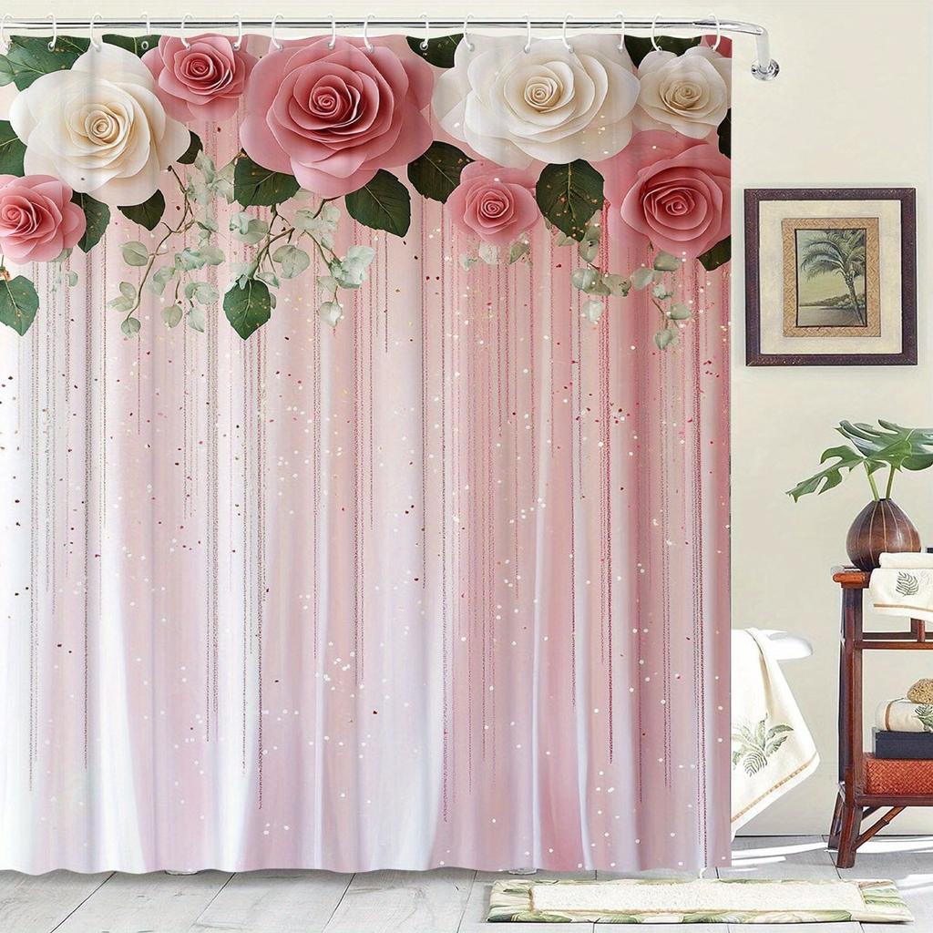 Romantischer Rosa-Weißer Rosen-Duschvorhang mit Glitzerdetails für ein Glamouröses, Floral-Inspiriertes Badezimmer-Dekor-Thema