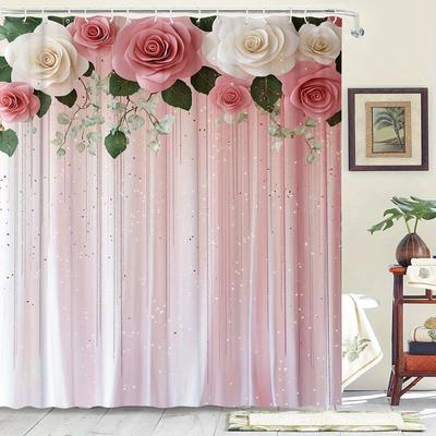 Romantic Pink and White Rose Shower Curtain with Glittering Details for a Glamorous, Floral-Inspired Bathroom Decor Theme