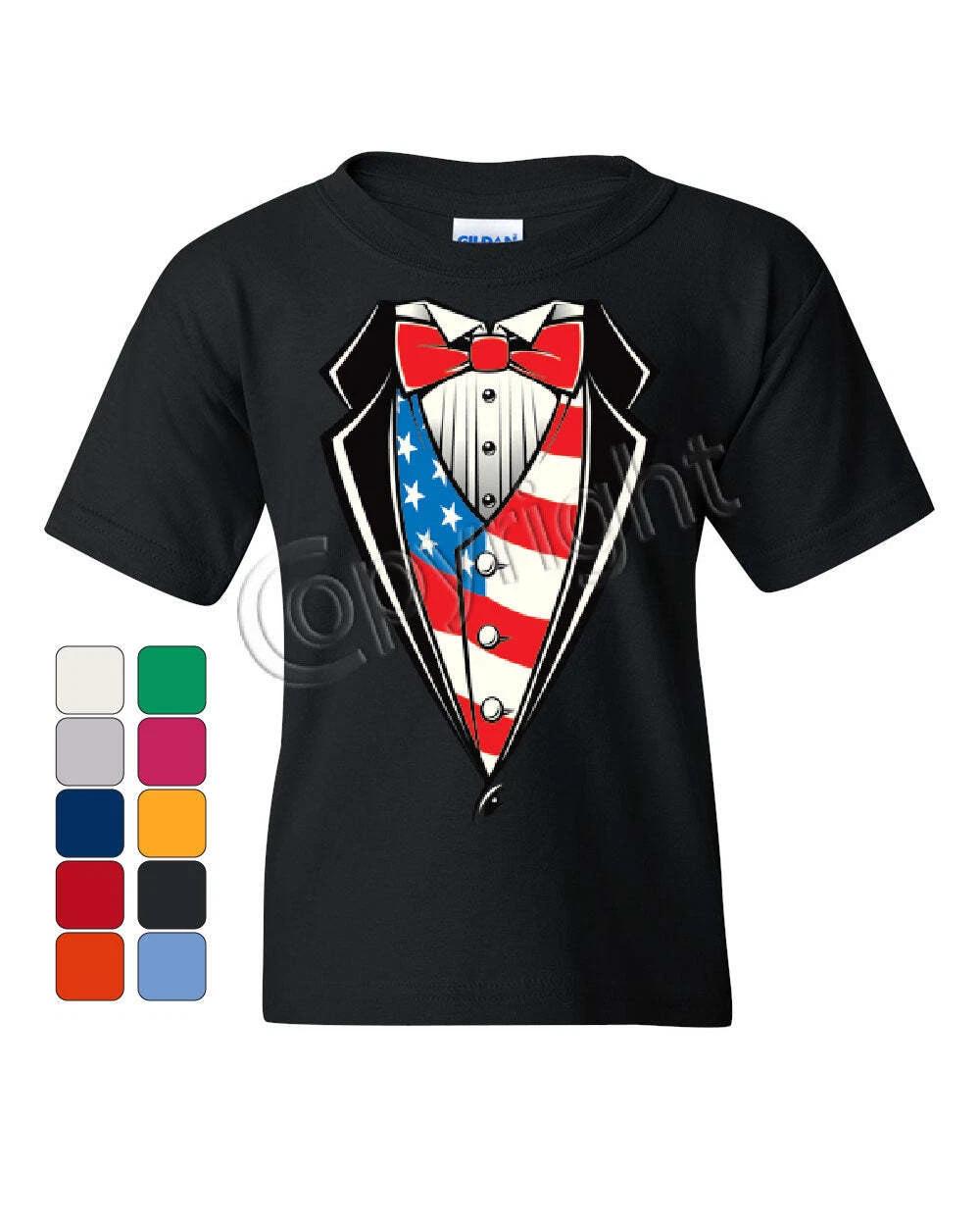 American Flag Tuxedo Youth kids boys T-Shirt Funny 4th of July Stars and Stripes Kids Tee 120