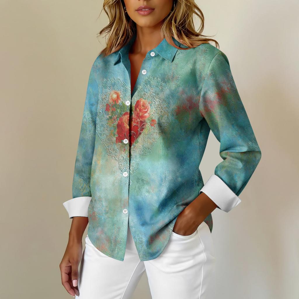 Kadın Gömlek Bluz Noel Baskılı Düğme Uzun Kollu Rahat Temel Gömlek Yaka Normal Üst