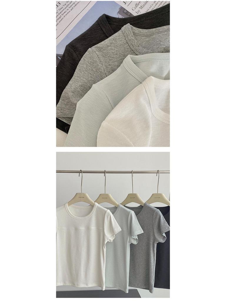 2026 Minimalist Bamboo Ribbed Round Neck Short Sleeve Solid Color Casual T-shirt