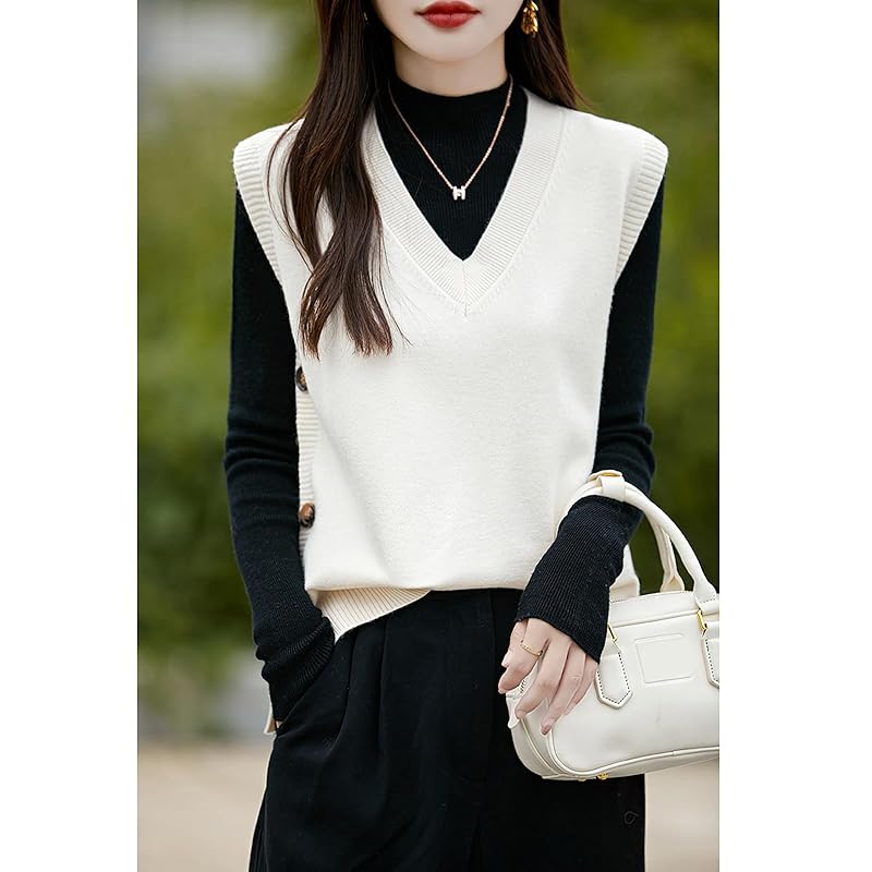 [Ailiyumo] knit vest ladies spring vest v neck Thin knit sweater sleeveless short length Plain color layered clothing with button slit Fashionable