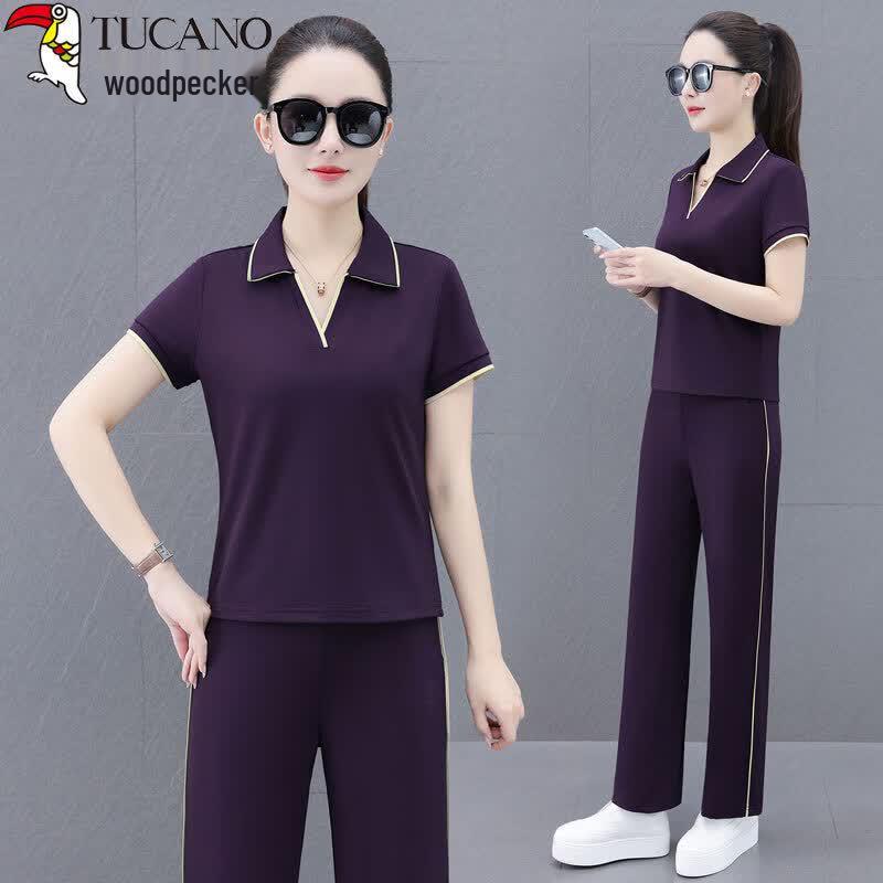 Woodpecker Women s Ice Silk Short Sleeve Lapel Two-Piece Set XL пурпурно красный