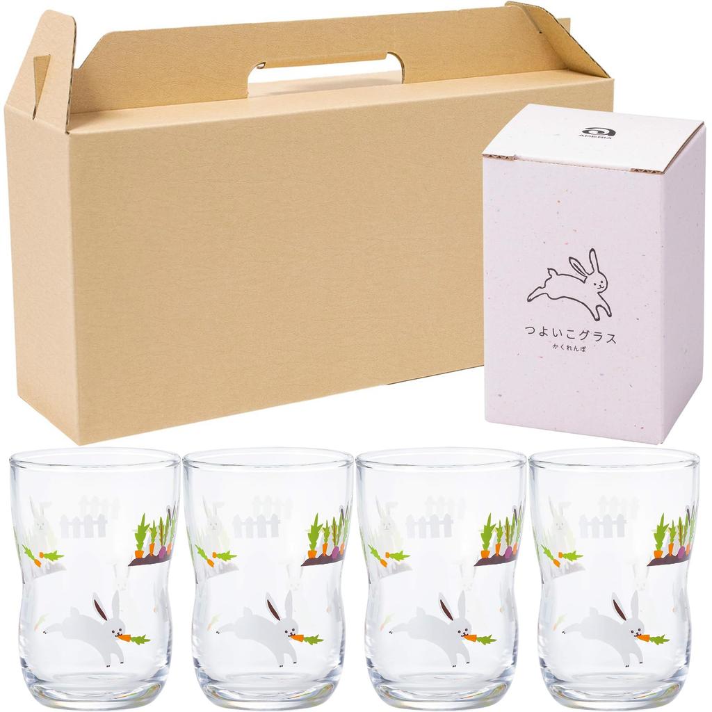 Tsuyoiko Glass M Hide and Seek Rabbit Set of 4 In Kraft Box Made In Japan Durable Tableware Reinforced Glass Birthday Gift Present Easy To Hold