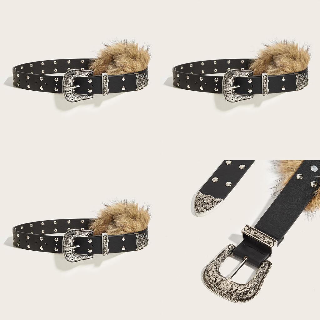 Pu Leather Wide Belt Artificial Fur Design And Carved Needle Buckle For Fashion Lovers
