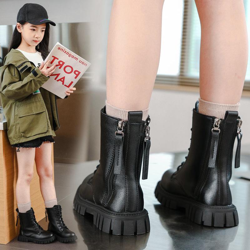 Winter 2025 Girls' Ankle Martin Boots with Velvet, Leather Princess Style for Little and Big Kids