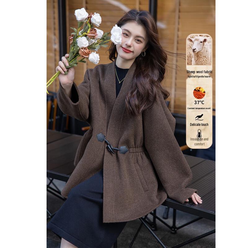 Mocana Women's Elegant Disc Buckle Wool Blend Coat