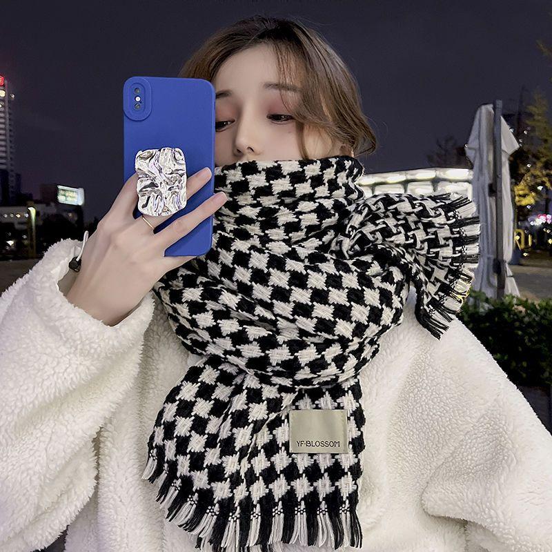 Winter Scarf for Women New Korean Style Double Sided Imitation Cashmere Knitted Rhombus Plaid Versatile Warm Student Scarf Shawl