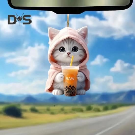Car Hanging Pendant 2D Kitty In Hoodie Holding Milk Tea Figurine Lightweight School Bag Shoulder Bag Pendant with Beaded Chain Holiday Gift