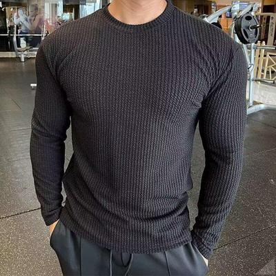 Trendy European Waffle Knit Slim Fit Long Sleeve Sweatshirt for Men - Soft, Breathable, and Elastic