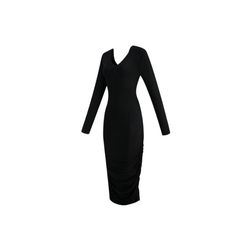 Armani Exchange Solid Color Casual V-Neck Long Sleeve Dress Women Dresses Black 3RYA91-YJDWZ-1200