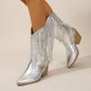 Women's Boots Tassels Square Heel Velvet Ankle Boot Sequin Fashion Women Silver Gold Pink Pointed Toe Mid-calf Boots Size 31-35
