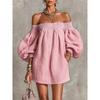 Robe smockée épaules dénudées manches bouffantes lanterne robe d'été ample avec poches latérales lin léger plage élégante fluide robe courte de fête