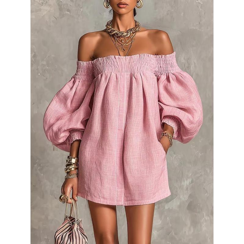 Robe smockée épaules dénudées manches bouffantes lanterne robe d'été ample avec poches latérales lin léger plage élégante fluide robe courte de fête