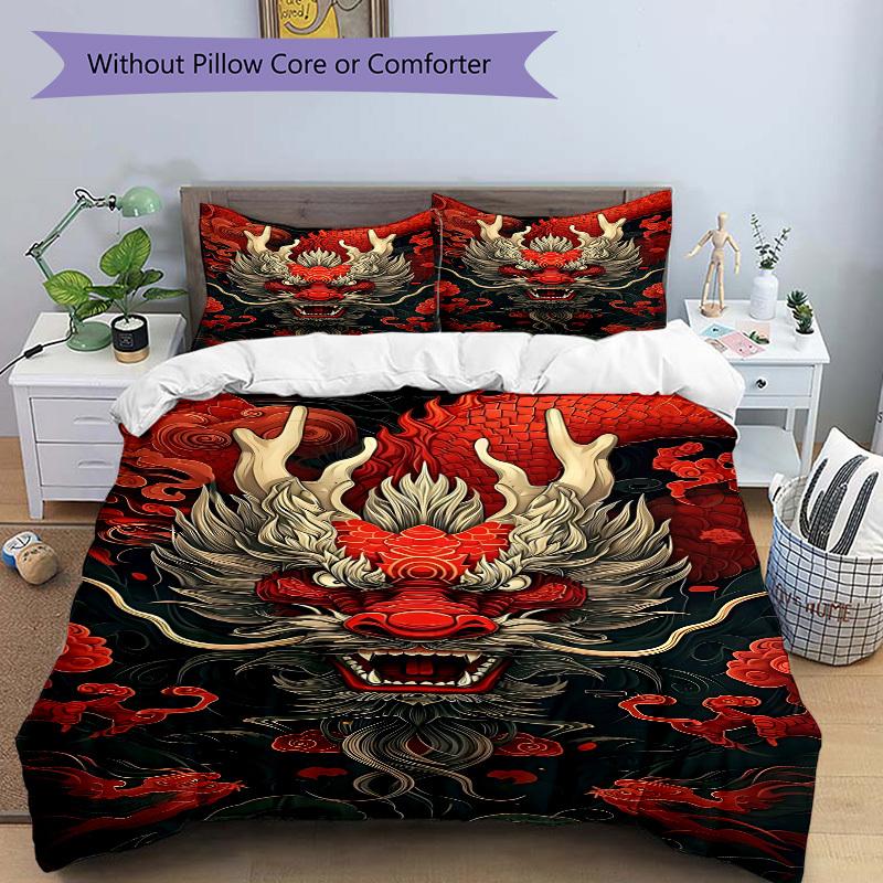 3PCs Traditional Dragon Design Design Cover Set, Breathable Fabric, Machine Washable (1 Duvet Cover + 2 Pillowcases) (Without Quilt) Yy250911165