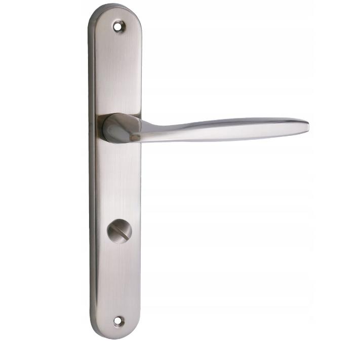 Domino Mia M9 Door Handle on Long Plate with Toilet Lock, Nickel, 72mm Spacing
