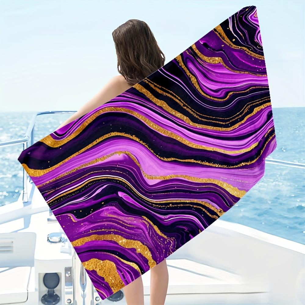 1Pc Microfiber Beach Towel Waterproof Sandproof 2D Flat Printed Purple Gold Marble Fluid Art Summer Vacation Pool Bath Towel
