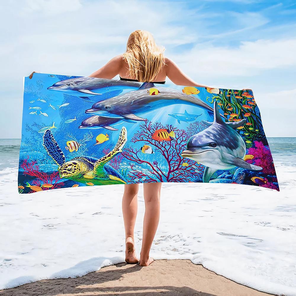 Summer Tropical Ocean Wave Beach Towel Starfish Seashell Print Polyester Bath Towel Quick Dry Sand Free for Swim Pool Travel