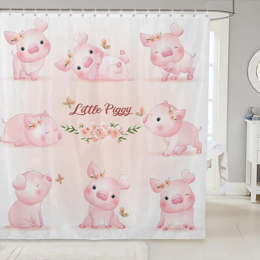 Pink Pig Shower Curtain, Lovely Animal Piggy Bath Curtain Western Animals Bathroom Decor Romantic Rose Flowers Bathroom Curtain