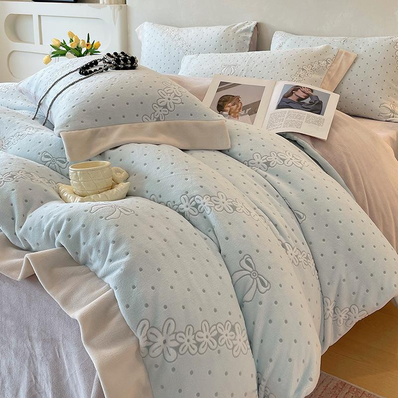 Thickened Milk Fleece Four-Piece Korean Carved Coral Fleece Double-Sided Flannel Quilt Cover Bed Sheet Bedding
