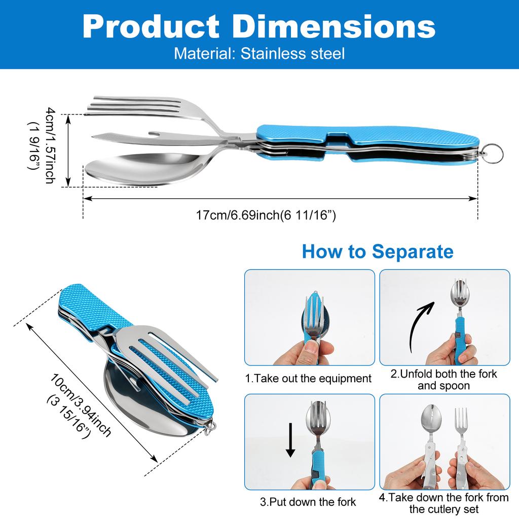 Camping Eating Utensils Portable Spoon Fork Bottle Opener Combo Stainless Steel Flatware Travel Backpacking Cutlery Multitool