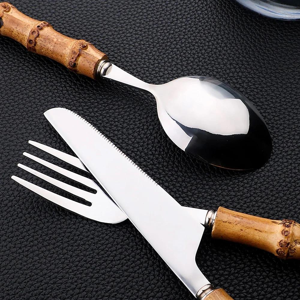 Set di posate da 16 pezzi in acciaio inossidabile con manico in bambù naturale, stoviglie, posate da cucina, include forchette, cucchiai, coltelli, posate da tavola