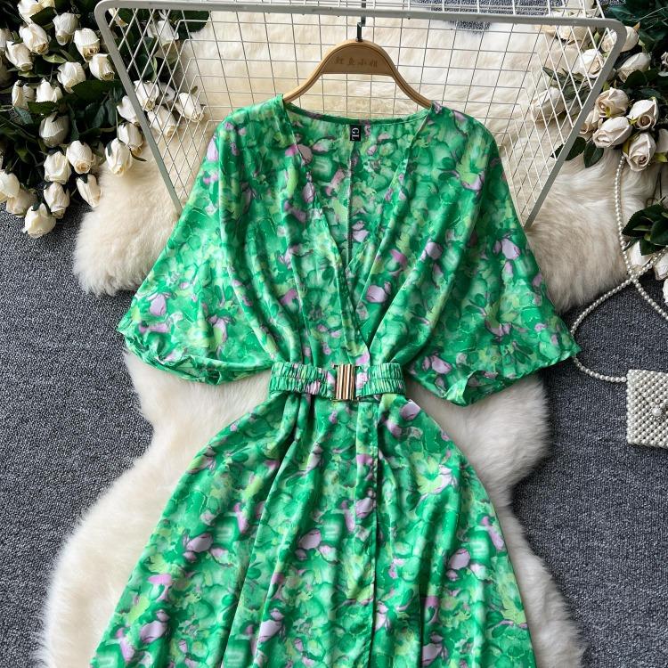Vintage Elegant V Neck Split Print Short Sleeve Dress Chic Slim A Line Vestidos Summer Vacation Party Women Fashion Dresses