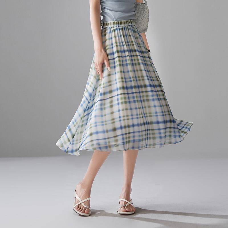 SOFSIL 100% Silk Retro Plaid A-line Midi Skirt