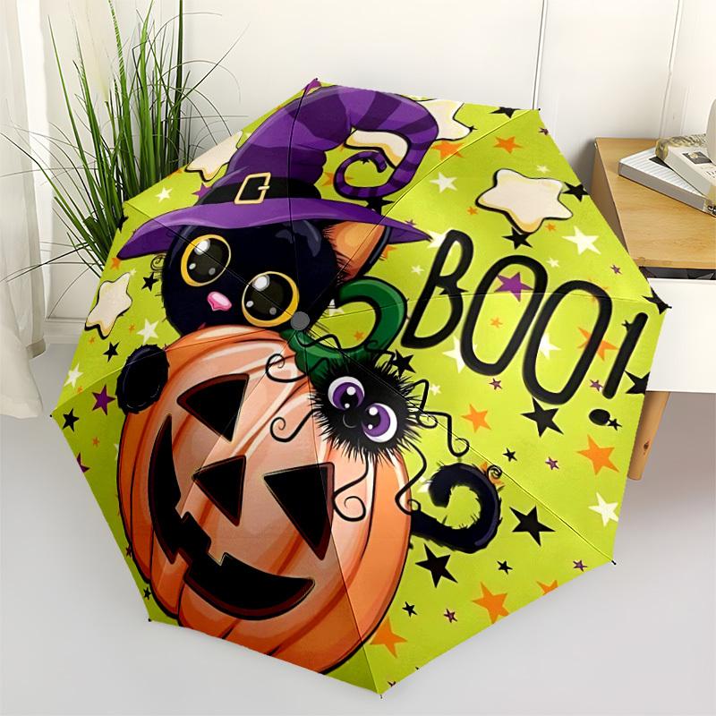 1pc Halloween Cat Automatic Folding Umbrella - Compact 8-Rib Design, Durable Plastic & Iron, Lightweight for Outdoor Daily Use114