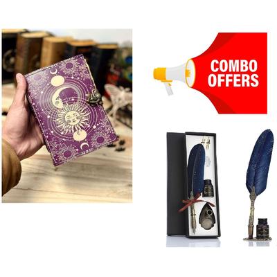 Offerta Combo Penna d'oca intagliata vintage / Diario in pelle vintage Sole e Luna per Uomini e Donne Libro dei grimori delle ombre