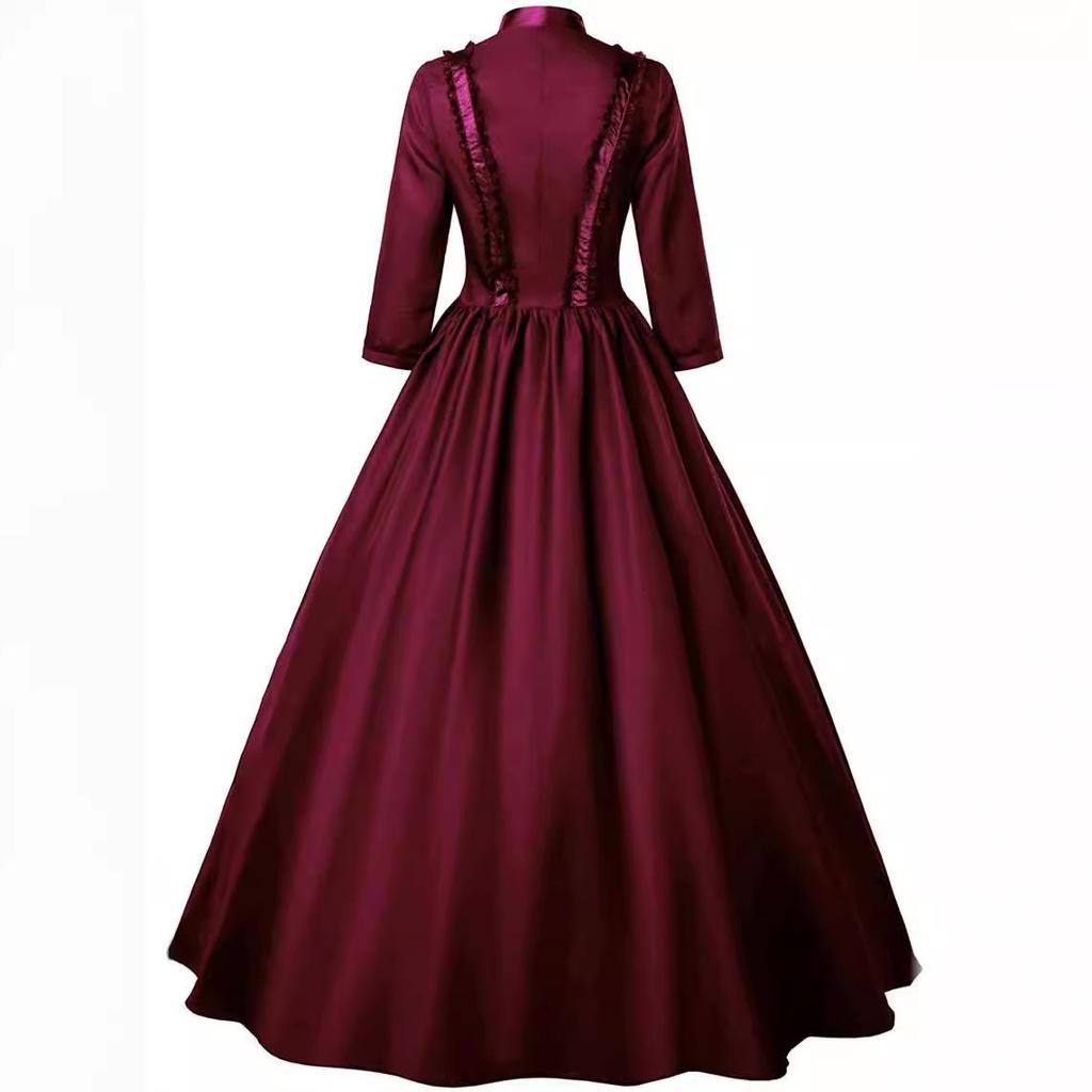 Vintage Victorian High Neck Ruffled Maxi Dress, 3/4 Sleeve A-Line Renaissance Gown for Women, Ideal for Cosplay, Halloween and Masquerade Parties