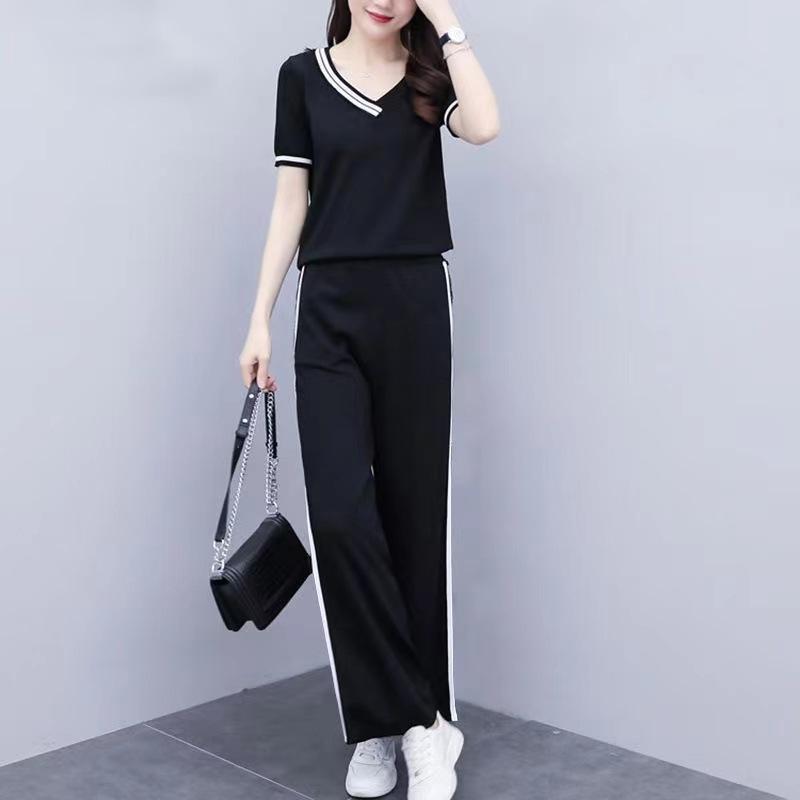 

Женский летний повседневный комплект из двух предметов с V-образным вырезом: Топ с коротким рукавом и брюки широкого кроя, корейский стиль. XXL чёрный