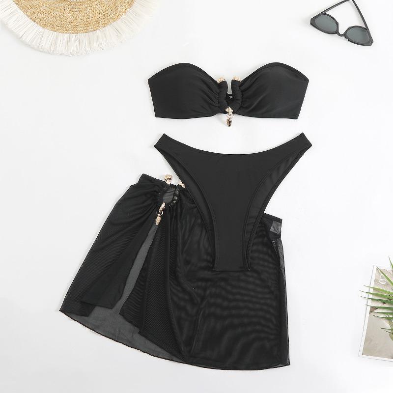 

New European and American Swimsuit, Three-piece Set of Solid Color Metal Buckle Women s Split Bikini Swimsuit S чёрный