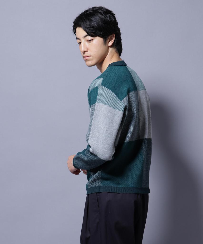 Nano Universe Block Check Crew Neck Size L Men's Knit, (140), Green, 672-5222209