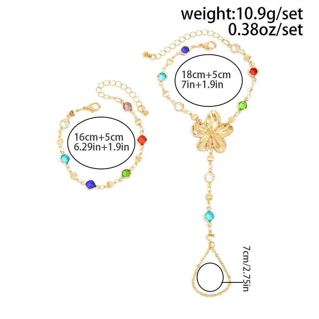 Salircon Bohemia Colorful Crystal Long Y-Shaped Necklace Metal Flower Bracelet Collarbone Chain Summer Party Jewelry Set New