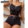 GMXIA Pajamas Pit Stripe Homewear Ladies Bow Lace Edge Sexy Suspenders Shorts Two-piece Set