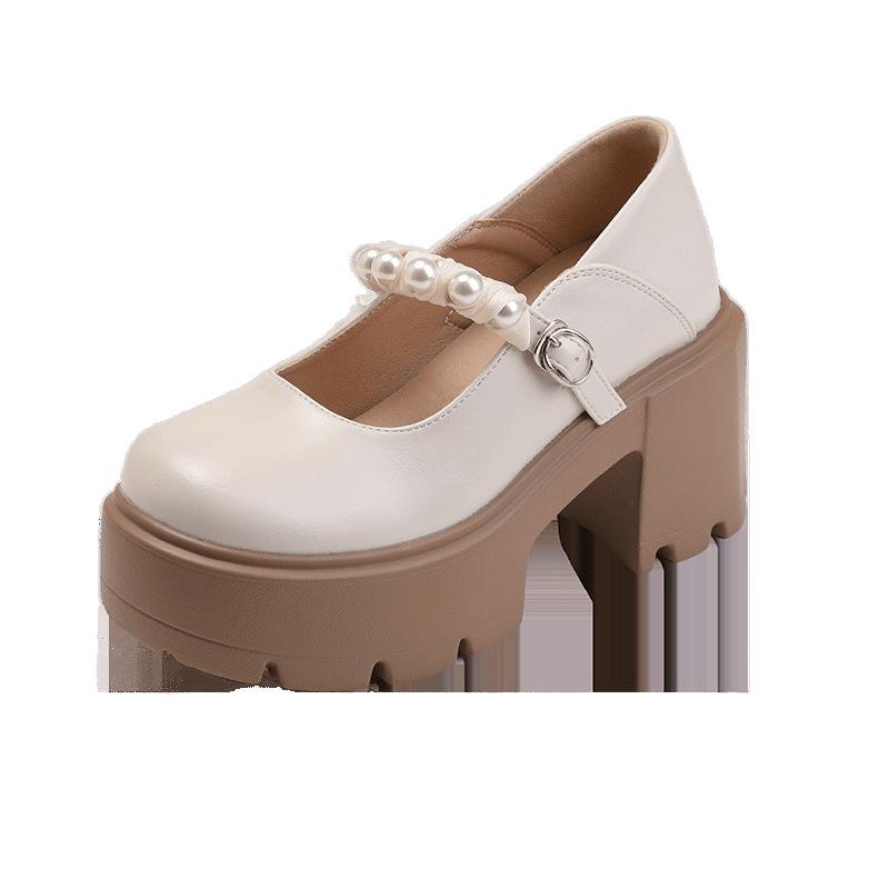 Leather spring and summer new inner height increase Mary pearl shoes women's high heels single shoes small size 3233 white versatile round head