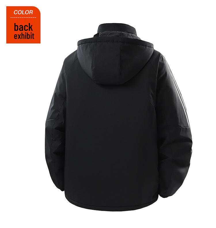 Men's Hooded Cotton Jacket - Windproof, Thickened, Three Stripes, Plus Velvet, Large Size Outerwear for 2025 Autumn/Winter.
