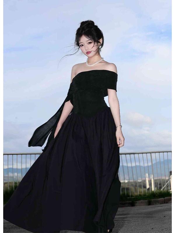 French Hepburn Black One-Shoulder Dress: Elegant & Waist-Cinched Summer Style for Women M