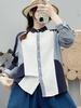 Japanese Retro Color Block Cotton Shirt - Women's Long Sleeve Contrast Patchwork, Skin-Friendly, Loose Fit Top