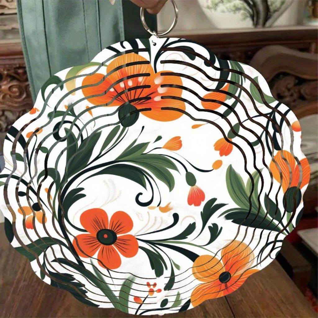 25.4 cm Floral Metal Wind Spinner with 360° Rotating Hooks Vibrant Orange Flowers Green Leaves for Garden Patio Balcony Outdoor Decor